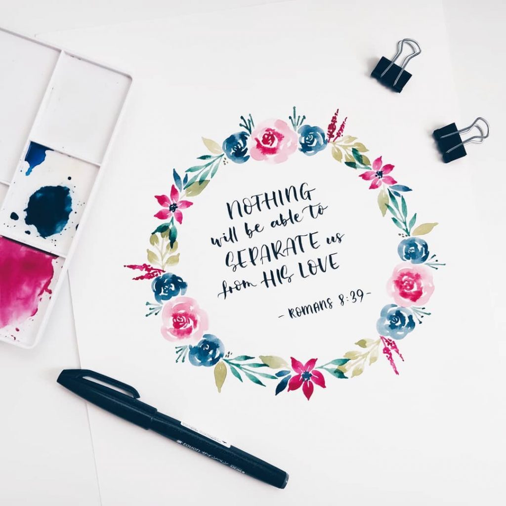 Watercolor floral wreath with modern calligraphy