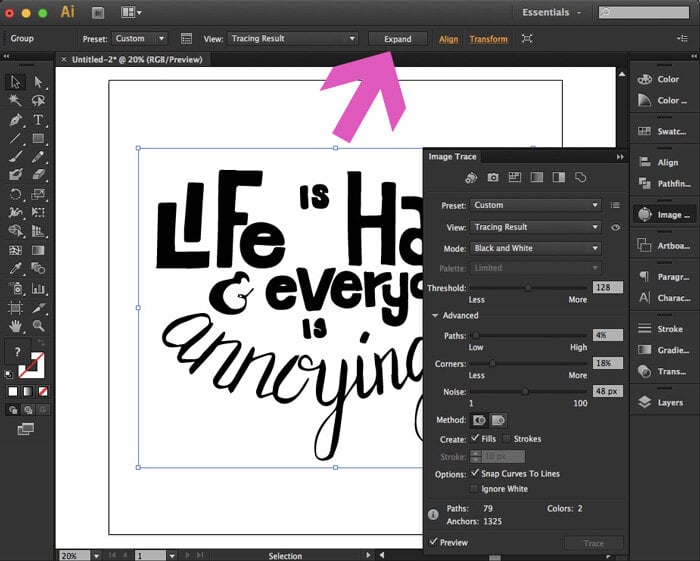 Expand and ungroup digital drawing in illustrator